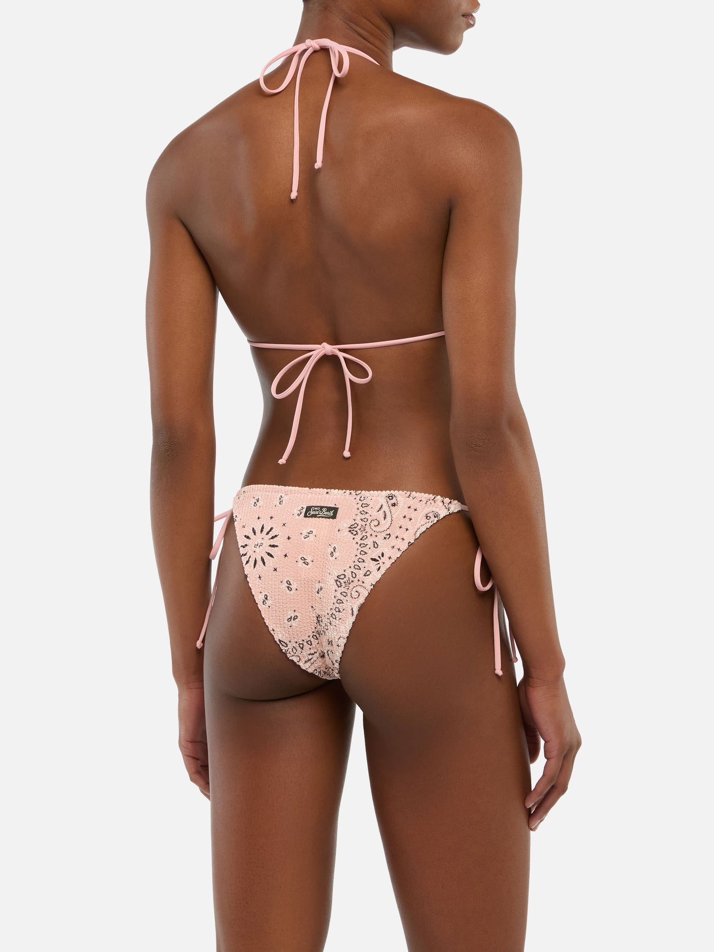 Leah Marielle triangle bikini with bandana print crinkle pink color