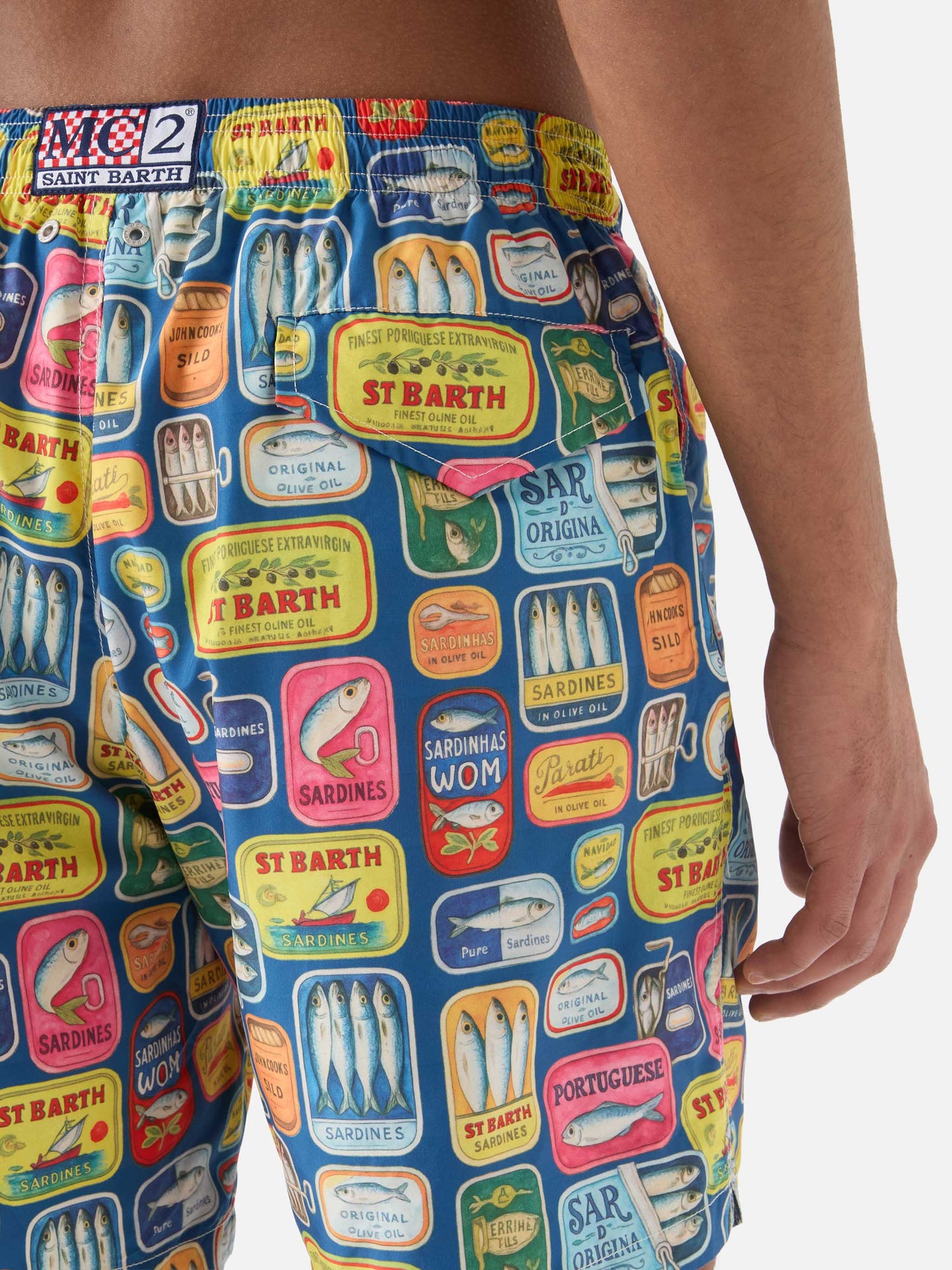 Costume mare Lighting blu con stampa lattine di sardine all-over