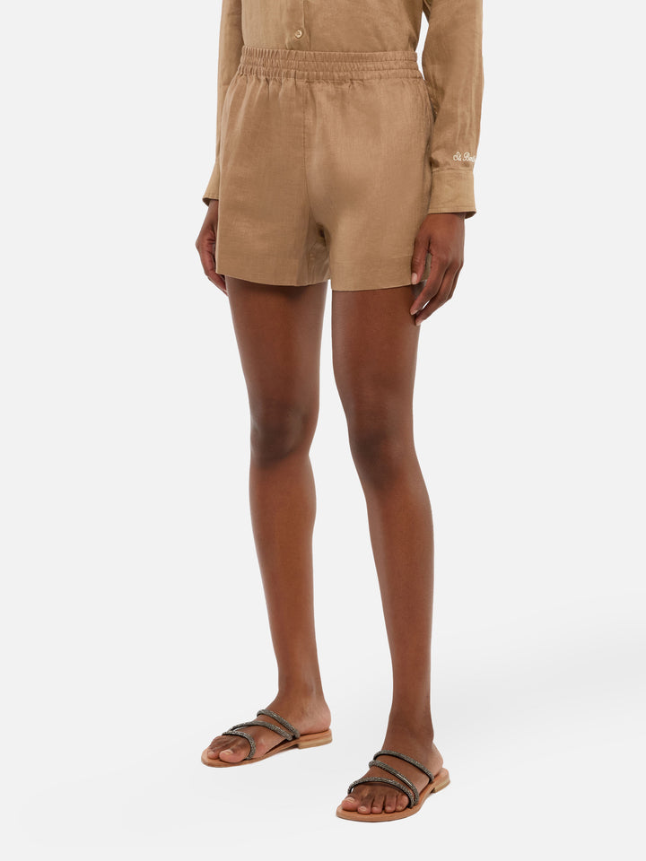 Meave – Pull-Up-Shorts aus kamelbraunem Leinen