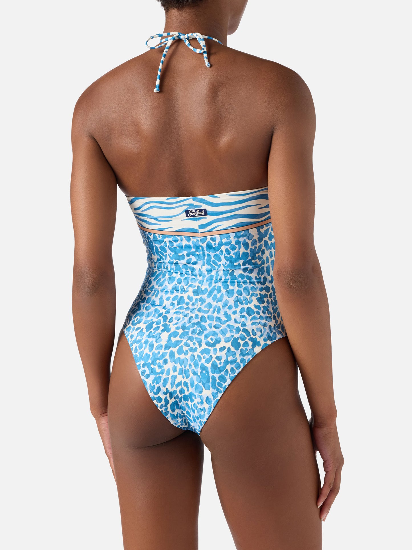 Bañador de una pieza Meryem con estampado animalier de leopardo azul claro