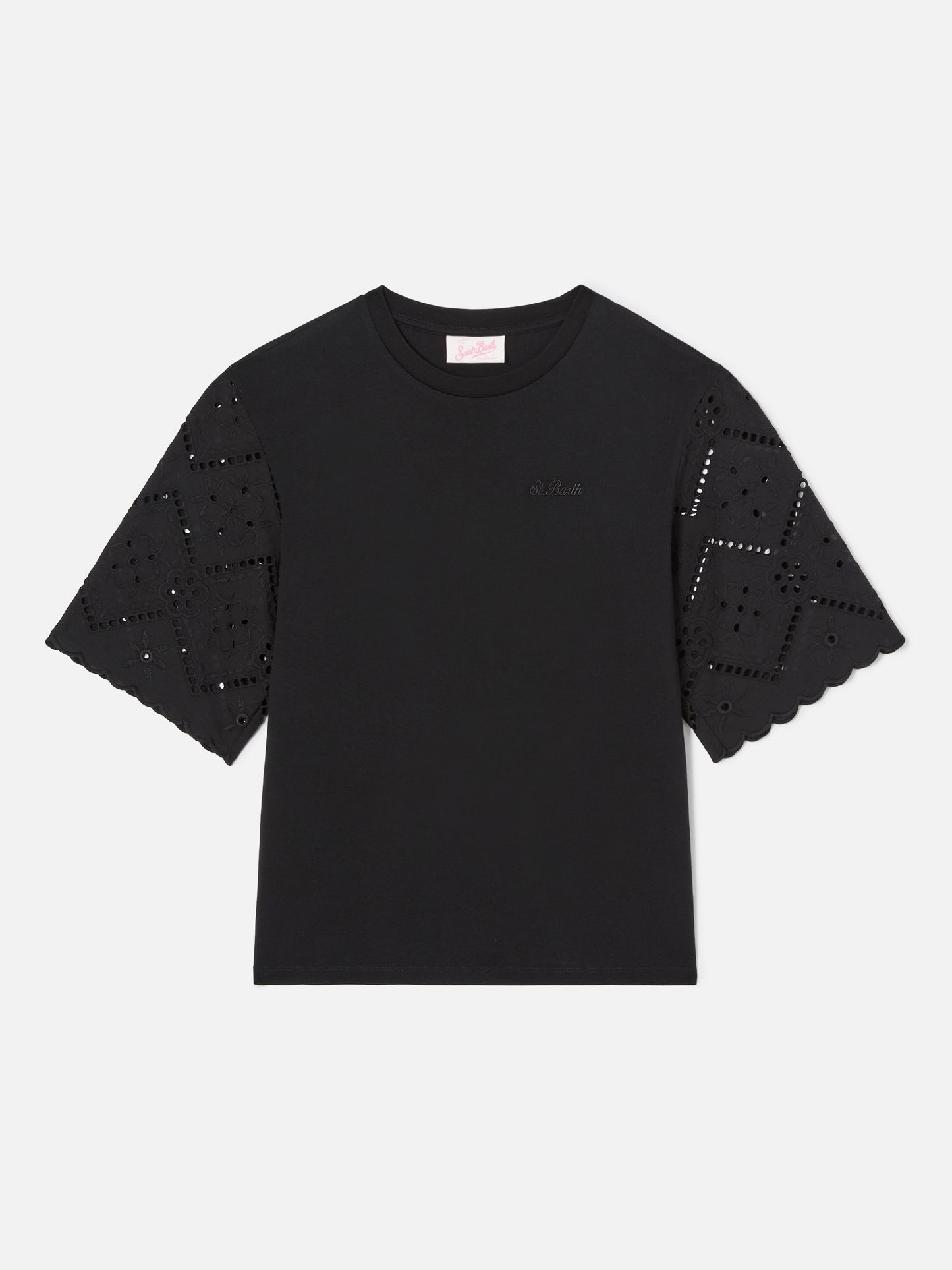 Black Maisa T-shirt with sangallo sleeves and St. Barth embroidery