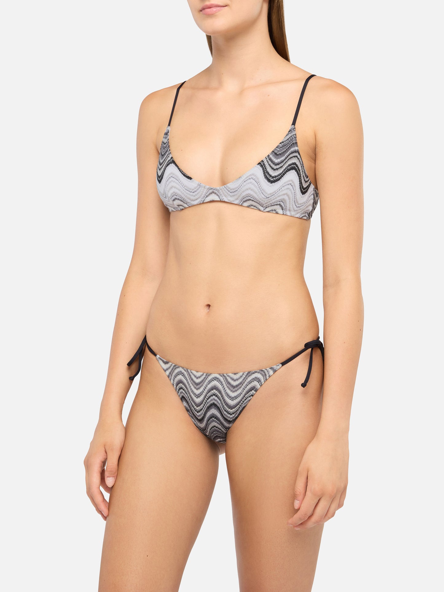 Paloma Norah deep neck bralette bikini in Rachel knit with wave pattern in brown
