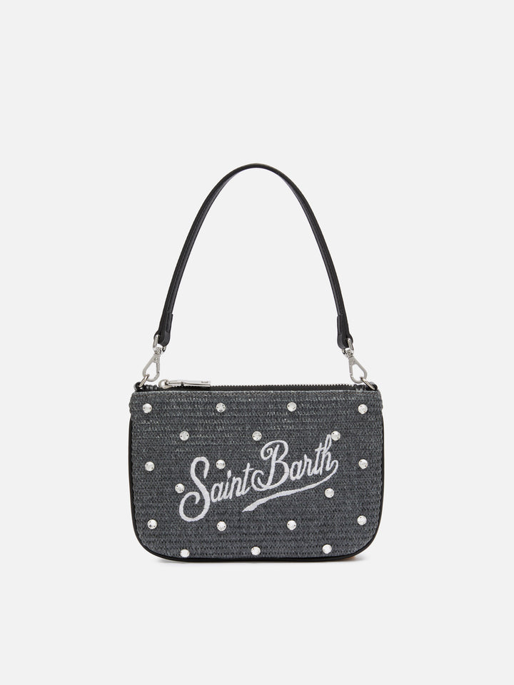 Parisienne Mini pouch effetto paglia nera con decorazioni in strass