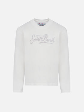 Girl white long-sleeve t-shirt Penny with Saint Barth rhinestones logo - MC2 Saint Barth