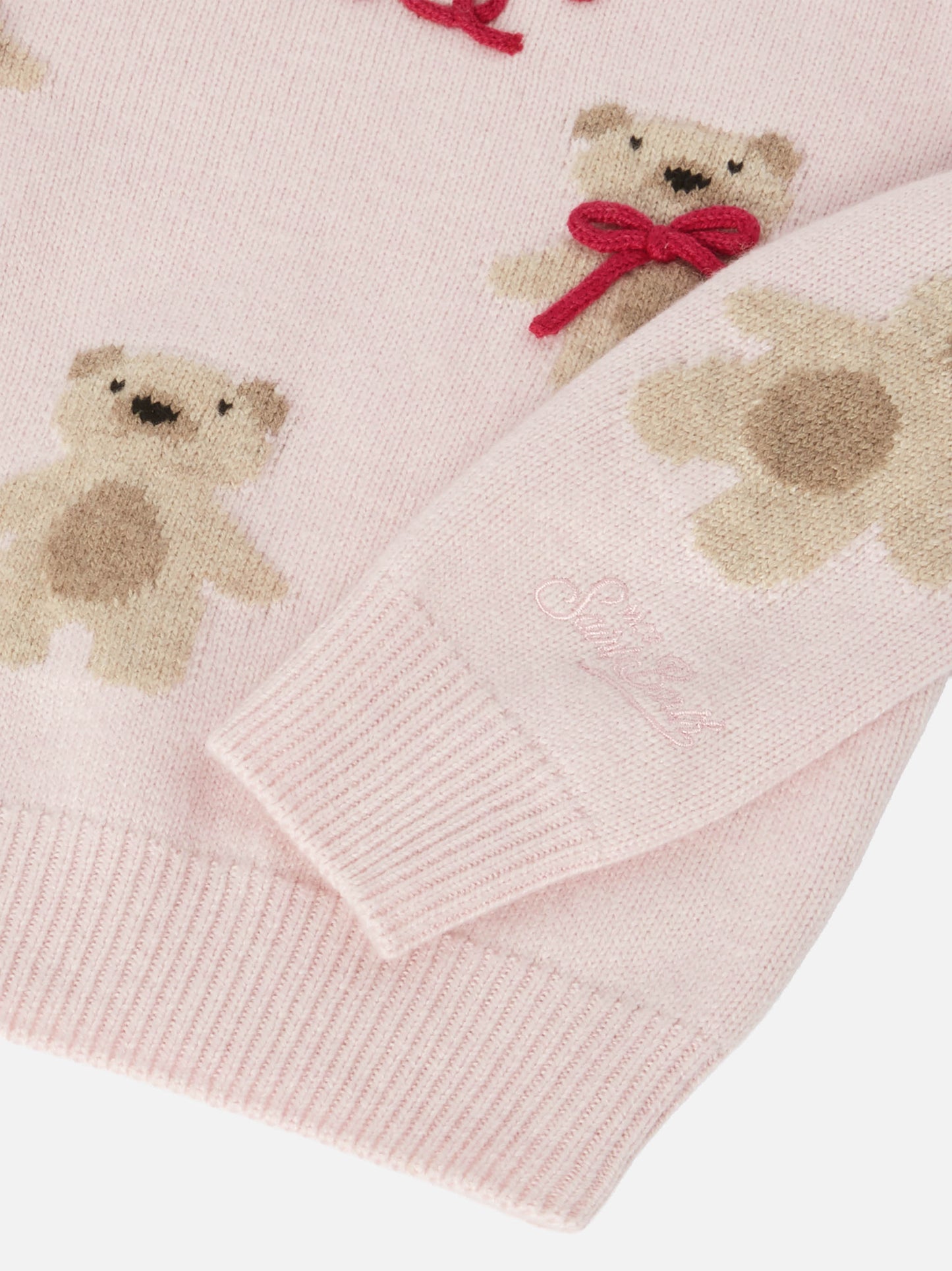 Princess cashmere-blend crewneck with teddy-bear jacquard and bow appliqués