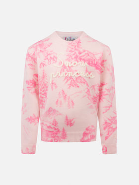 Girl pink crewneck sweater Princess with toile de jouy print and Snow Princess embroidery - MC2 Saint Barth