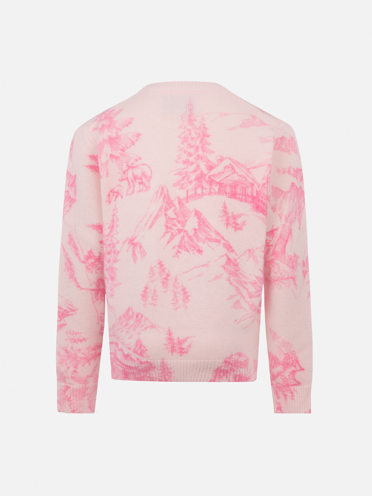 Girl pink crewneck sweater Princess with toile de jouy print and Snow Princess embroidery - MC2 Saint Barth