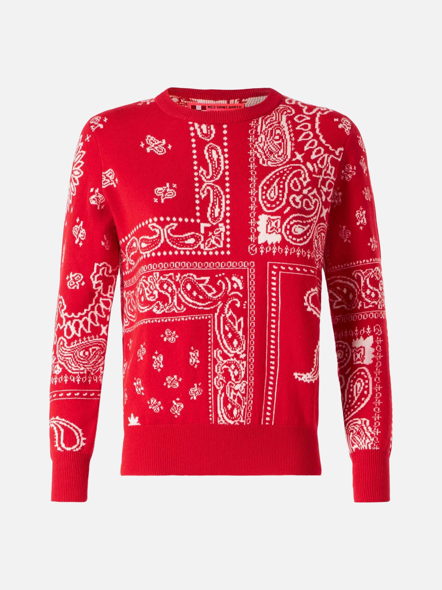 Damenpullover mit rotem Bandana-Jacquard