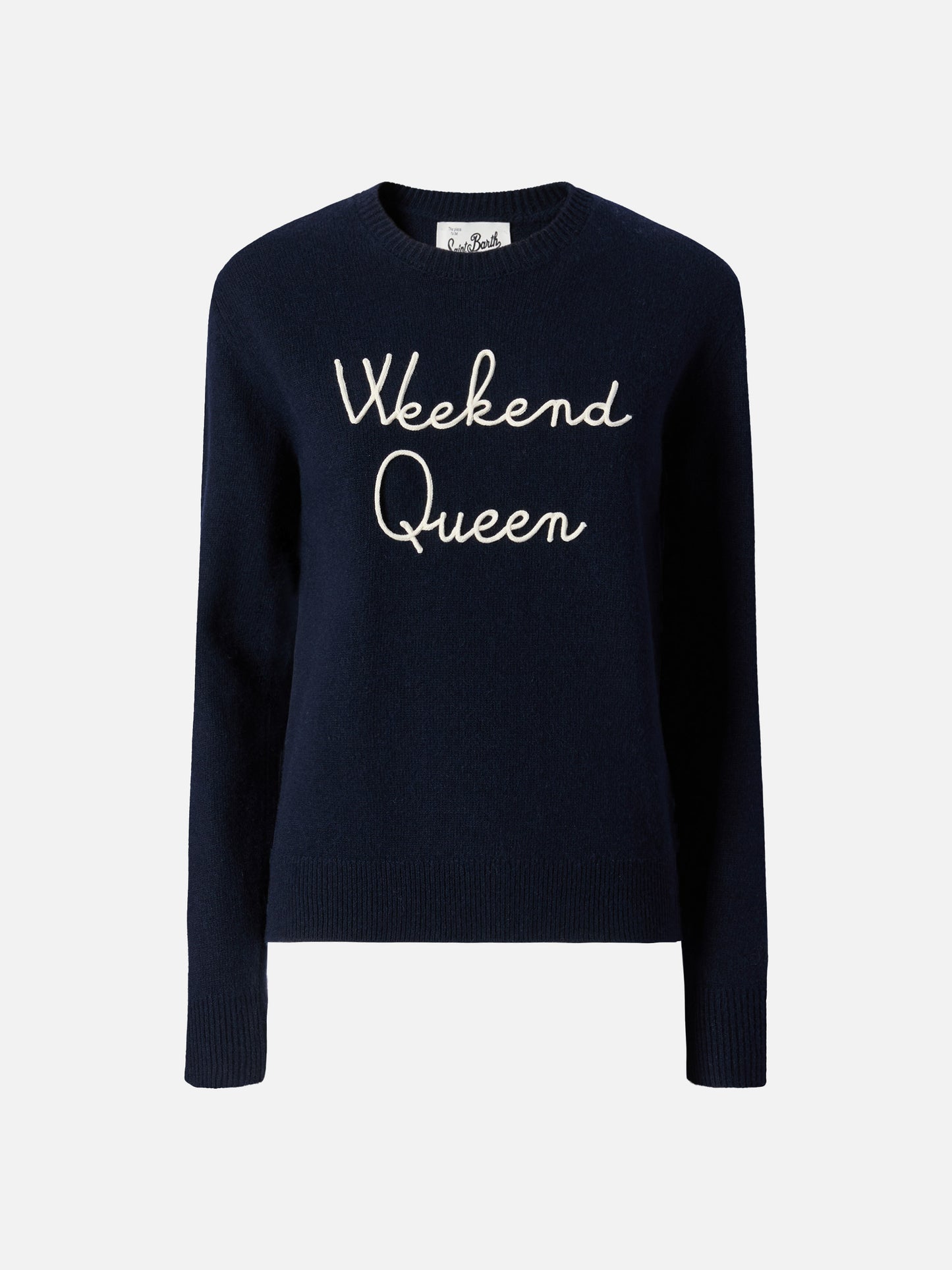 New Queen cashmere-blend sweater in blue with Weekend Queen embroidery