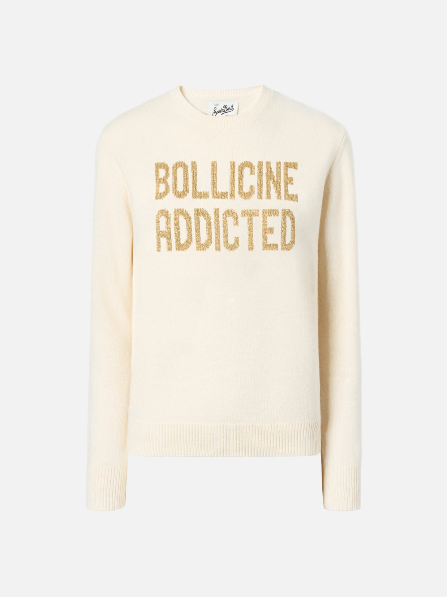 New Queen cashmere-blend sweater in white with Bollicine Addicted lurex jacquard