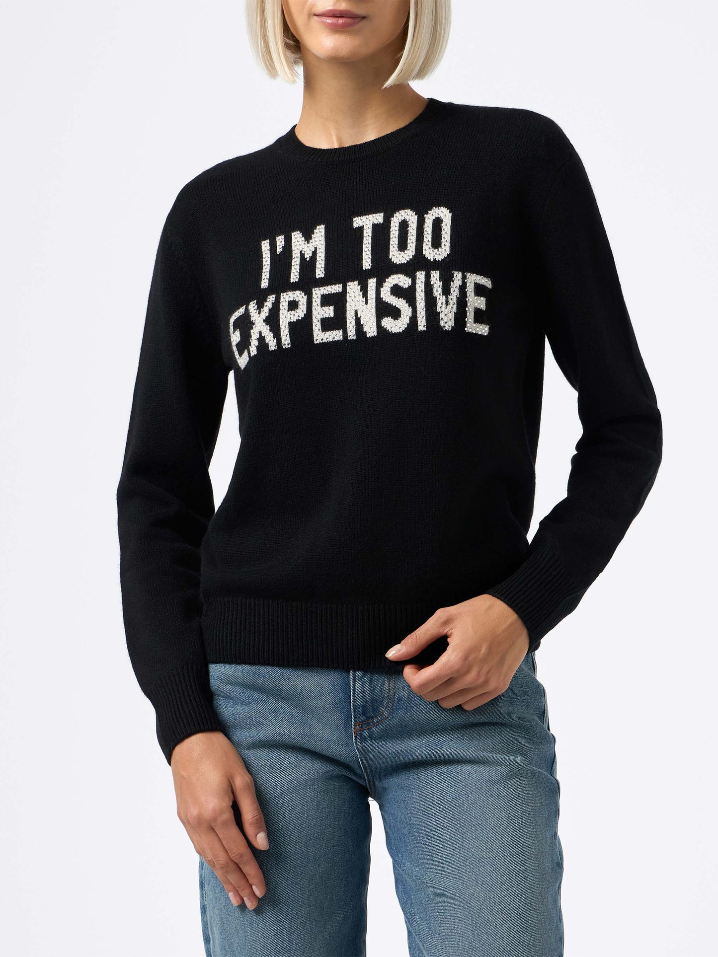 Woman black sweater New Queen with I'm too expensive jacquard with rhinestones - MC2 Saint Barth