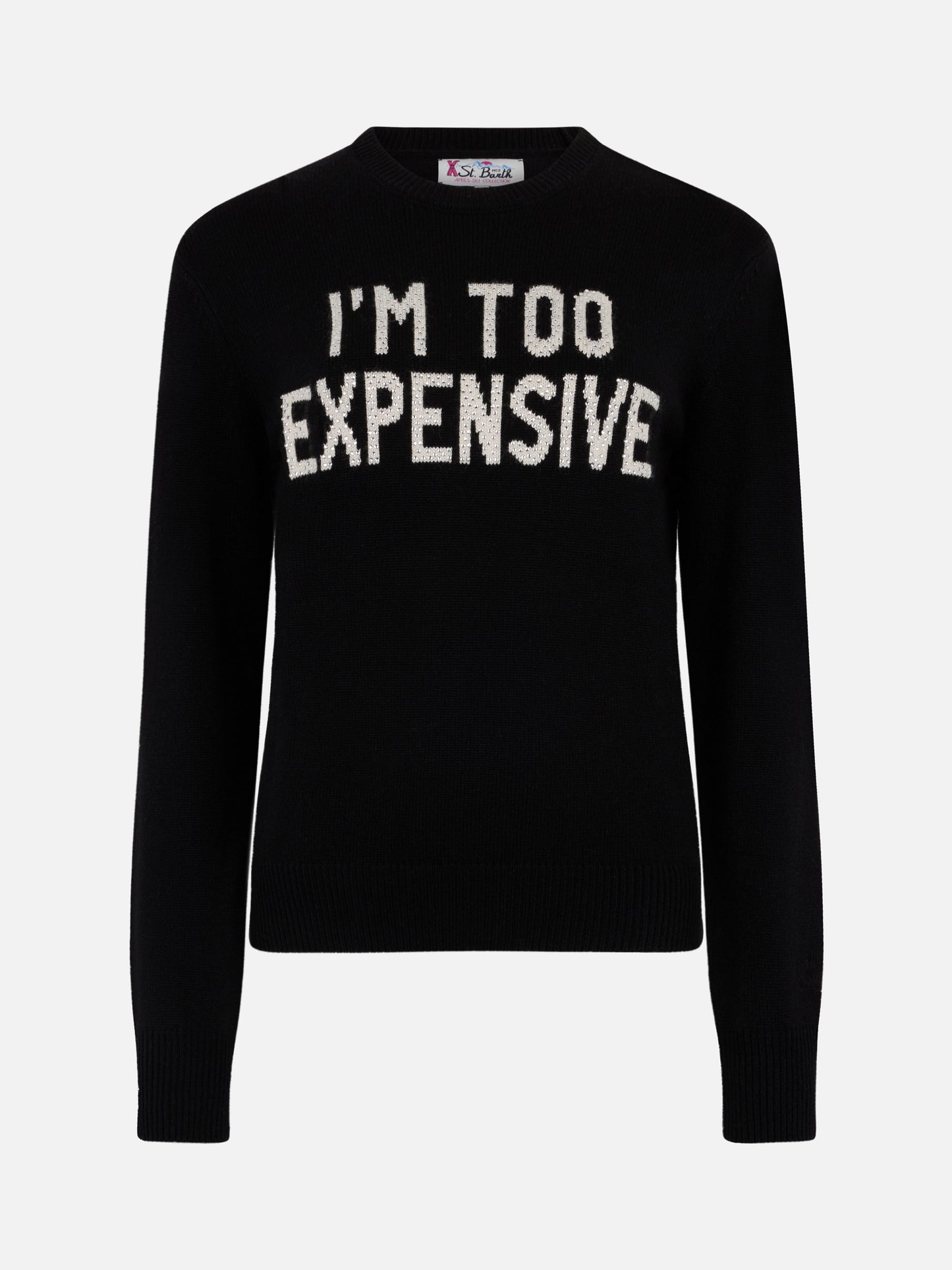 Woman black sweater New Queen with I'm too expensive jacquard with rhinestones - MC2 Saint Barth