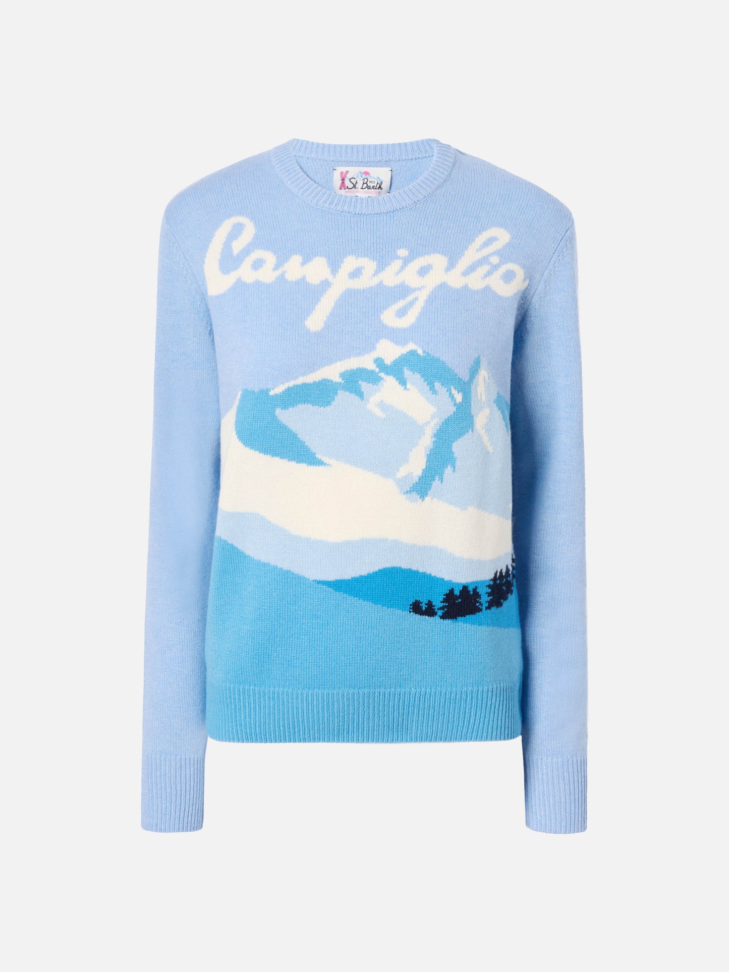 Maglione New Queen in misto cashmere azzurro con jacquard cartolina Campiglio