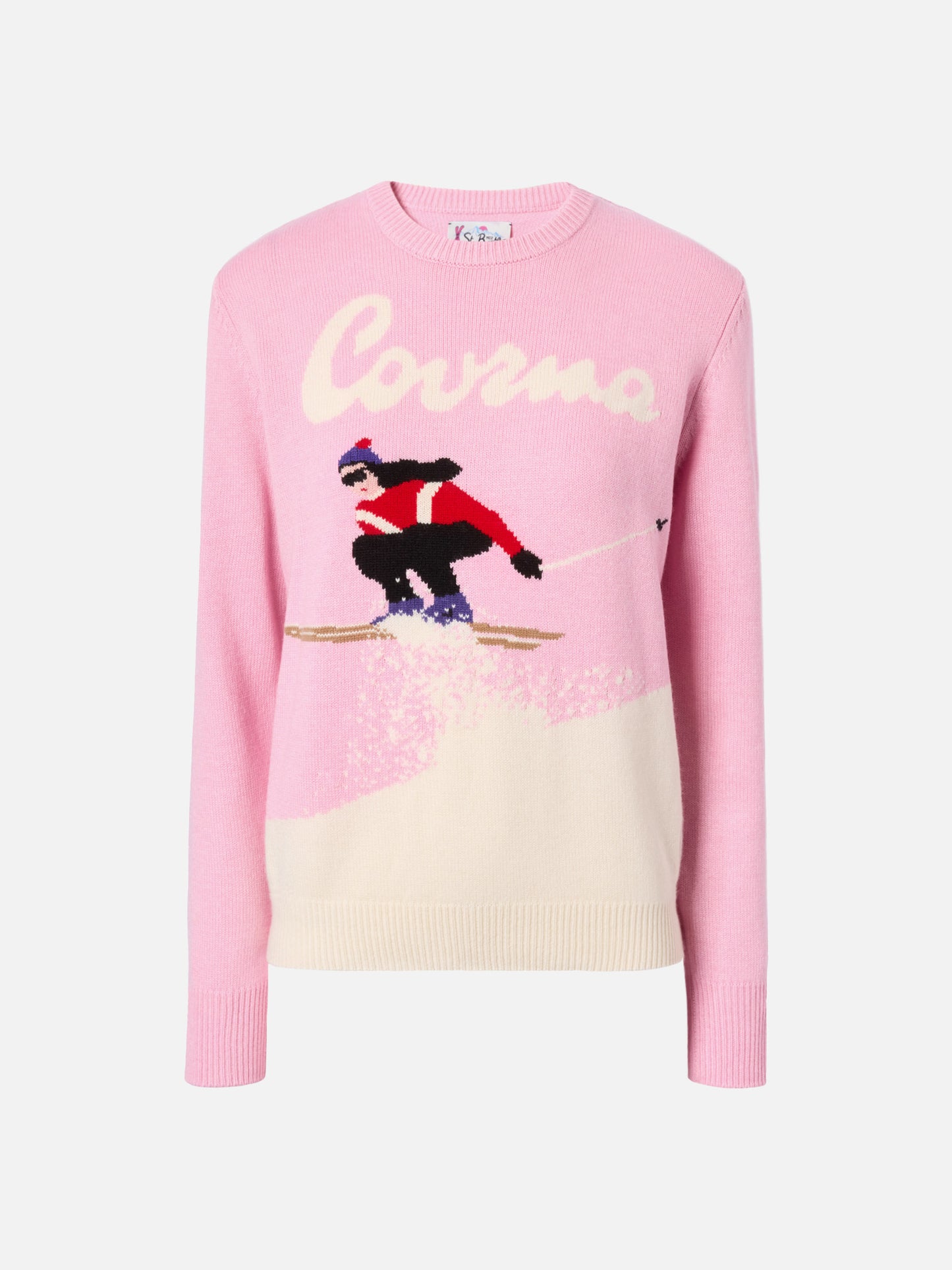 New Queen cashmere-blend sweater in pink with Courma postcard jacquard