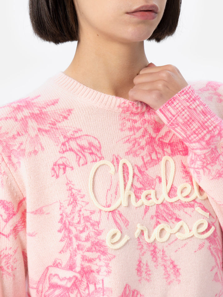 Woman pink sweater New Queen with toile de jouy print and Chalet e Rosè embroidery - MC2 Saint Barth