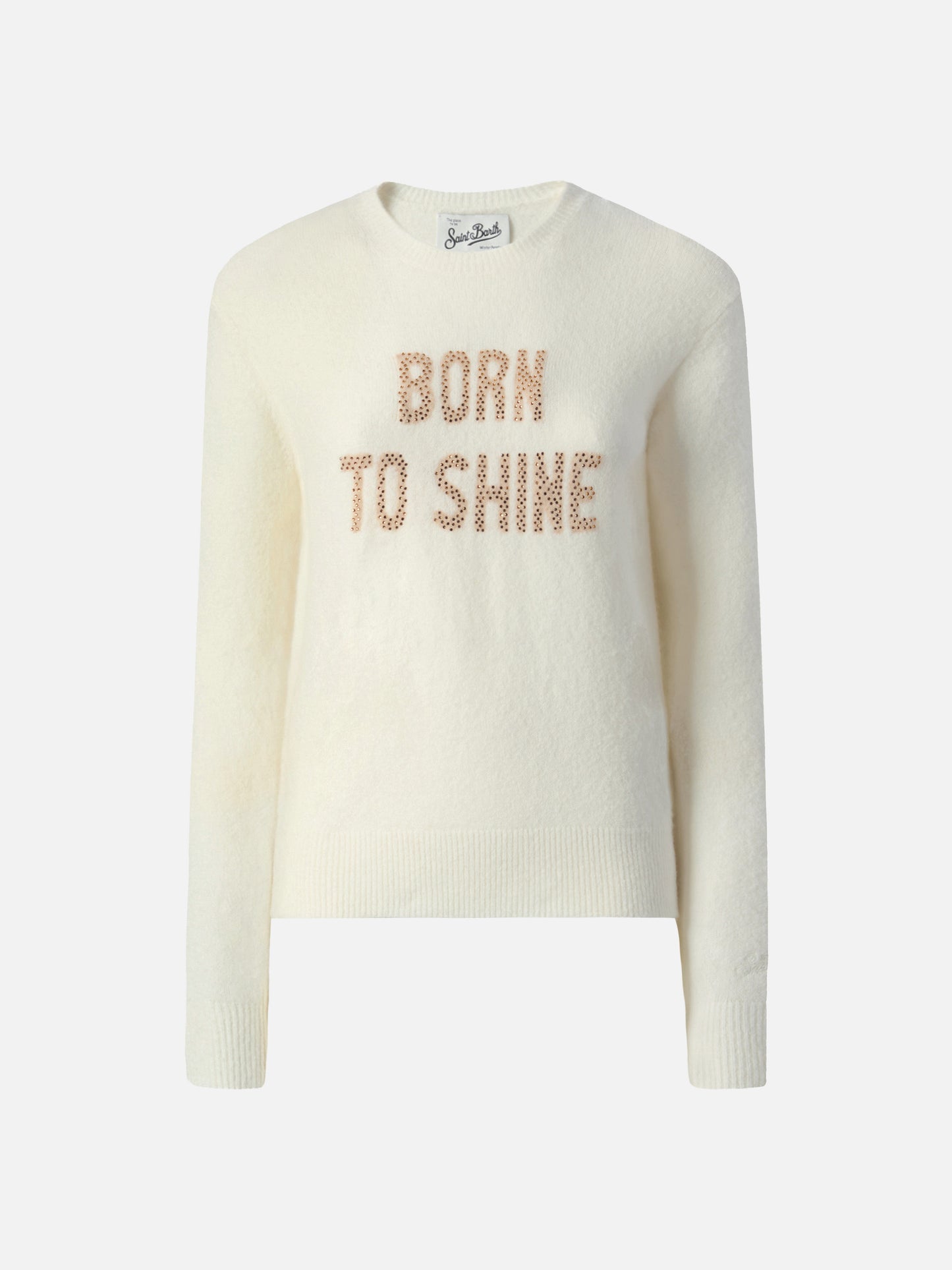 Maglia elasticizzata New Queen in misto lana merino e alpaca bianco con scritta applicata in strass Born to Shine