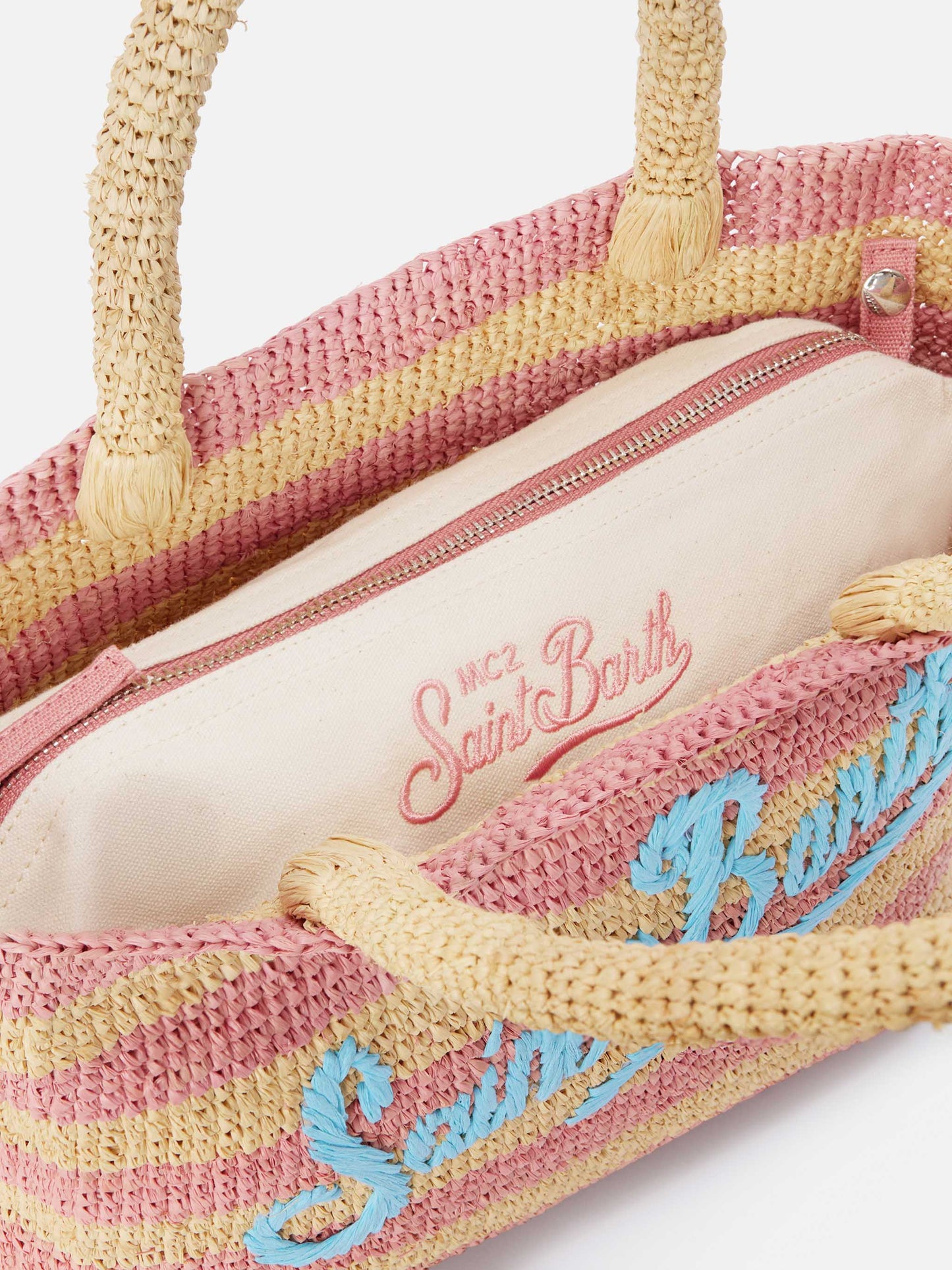 Borsa Beach medium in raffia a righe rosa con logo ricamato