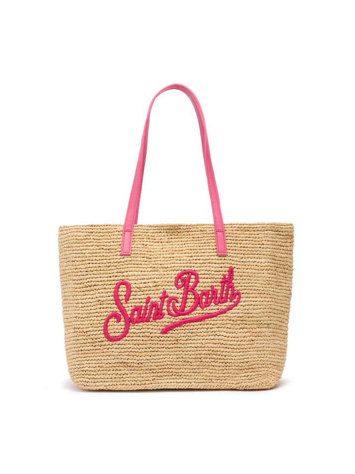 Beige Raffia City Mid Tasche mit aufgesticktem Saint Barth-Logo
