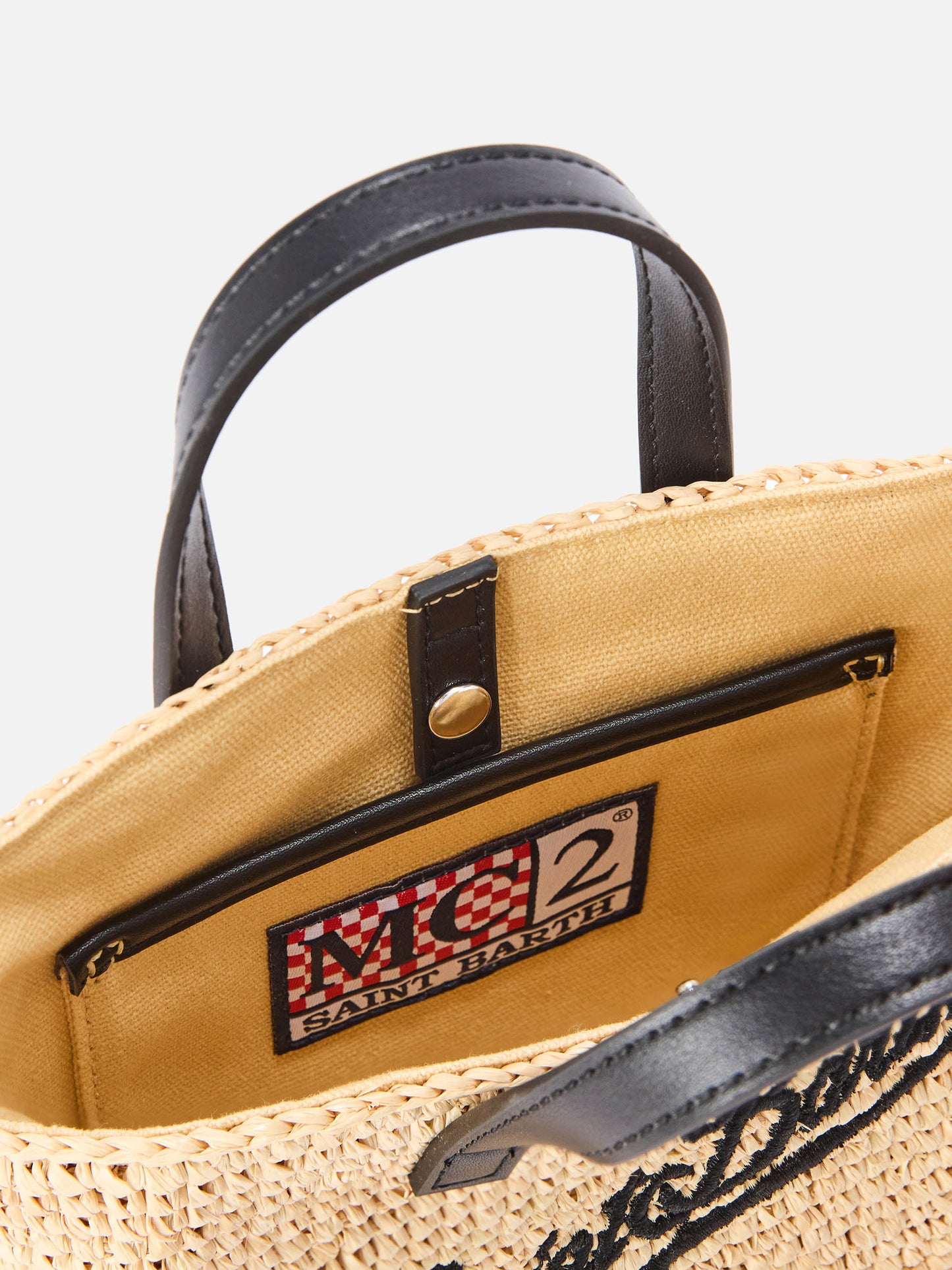 Mini City raffia bag with contrasting black embroidered logo