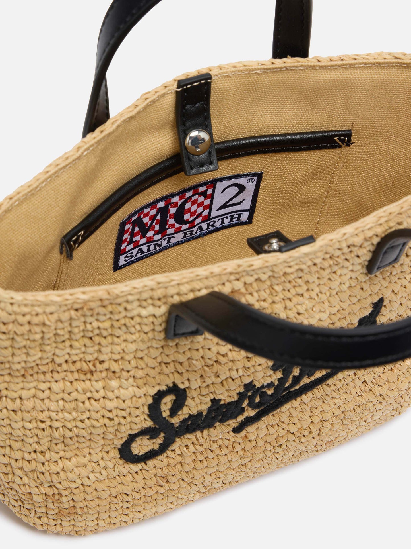 Beige Raffia City Mini-Tasche mit Saint Barth-Stickerei