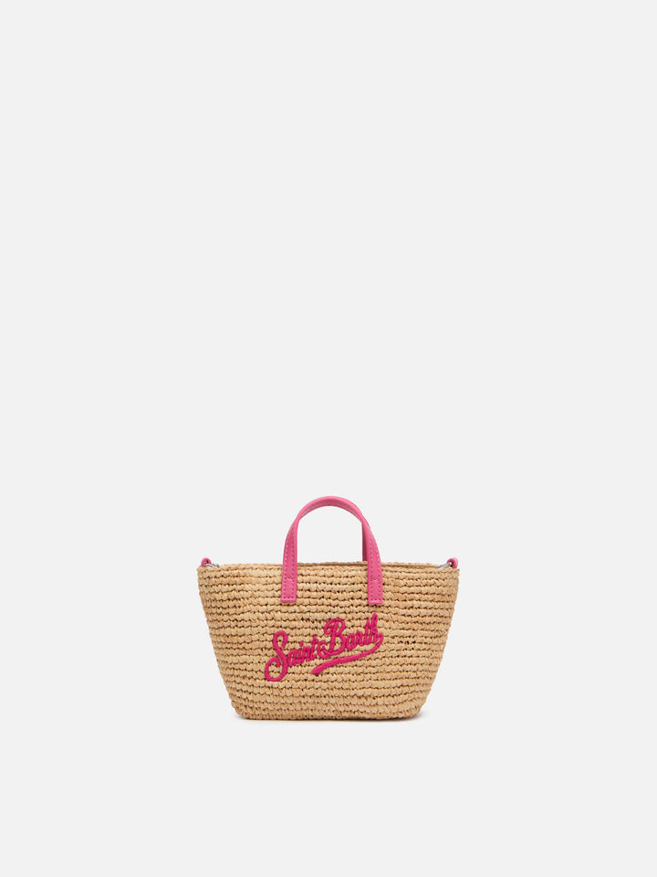 Beige Raffia City Micro Tasche mit Saint Barth Stickerei