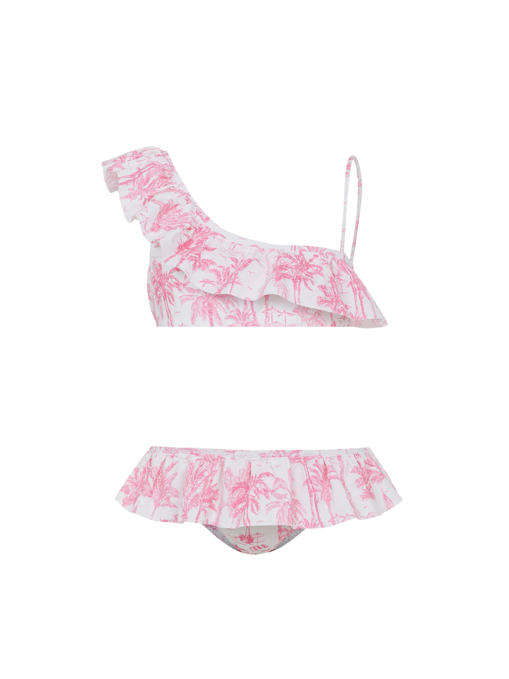 Rey one shoulder ruffled bikini with toile de jouy print