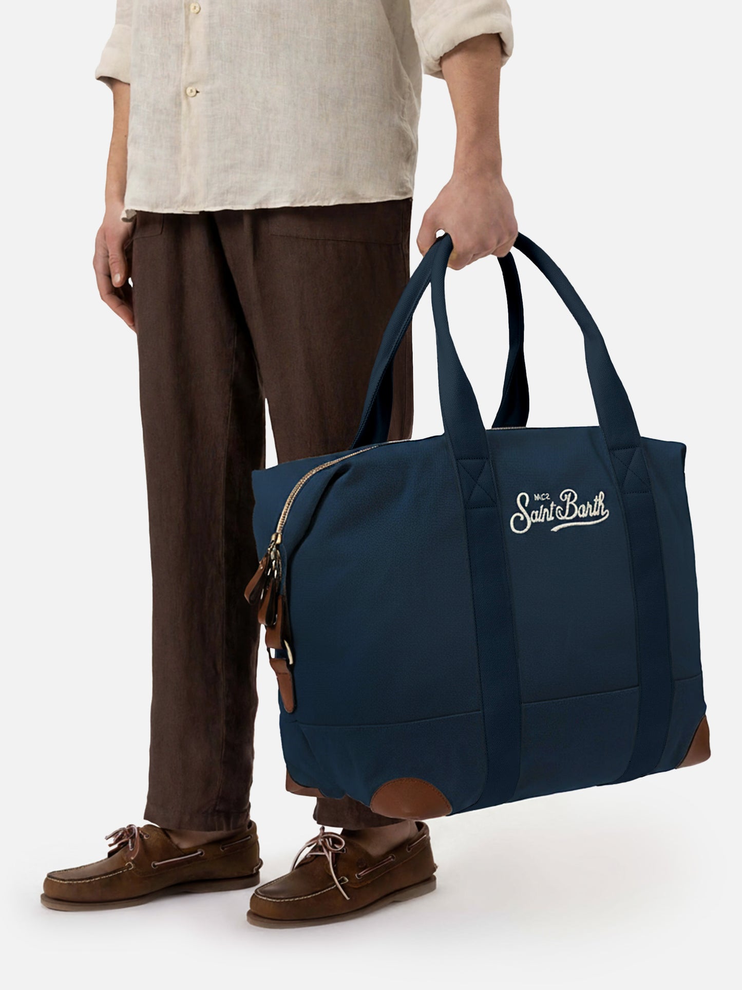 Travel duffel navy blue cotton canvas bag