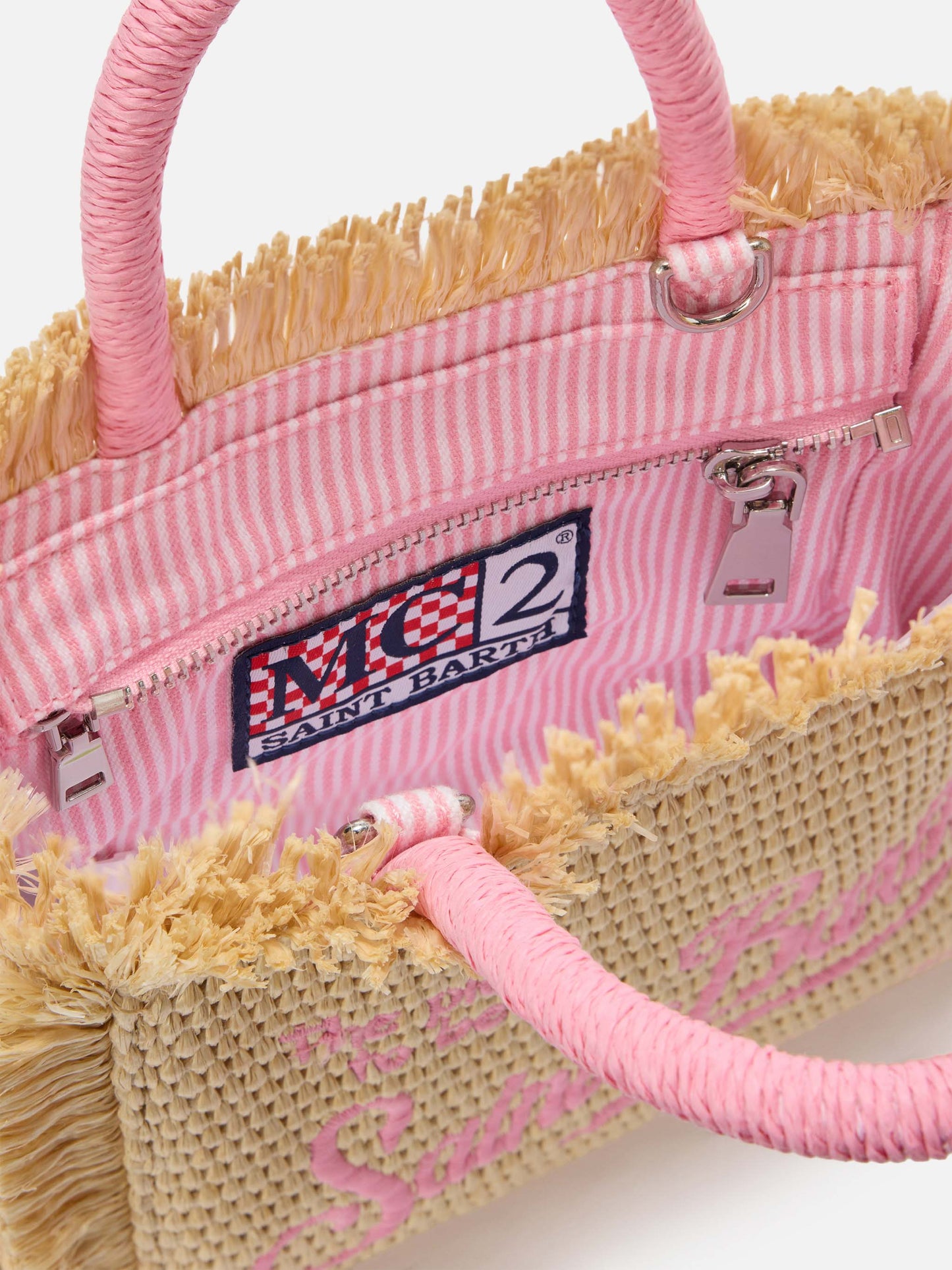 Borsa Vanity mini in tessuto effetto paglia con logo ricamato