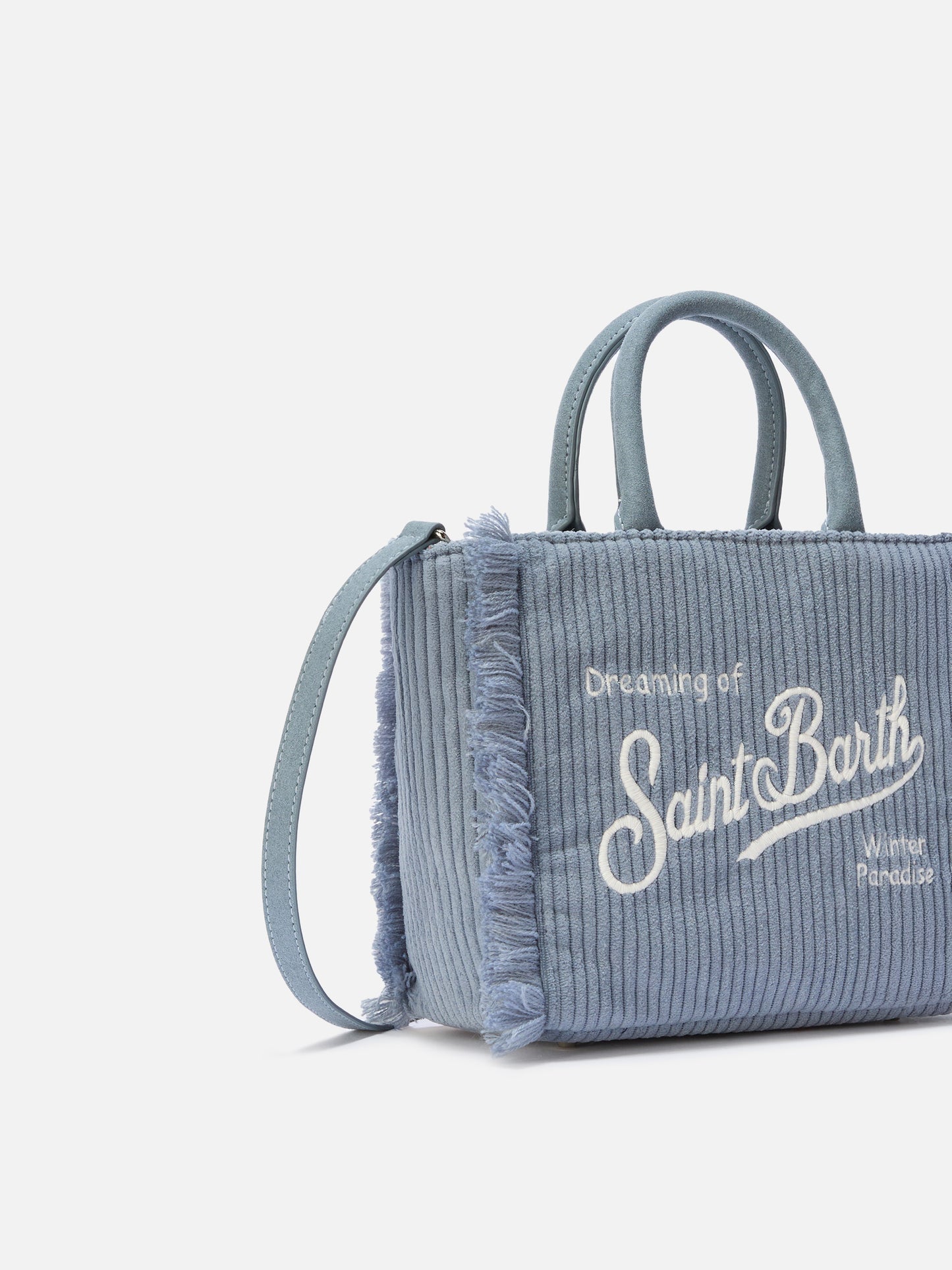 Vanity Mini Cord-Handtasche aus puderblauem Cord-Samt und Wildlederimitat
