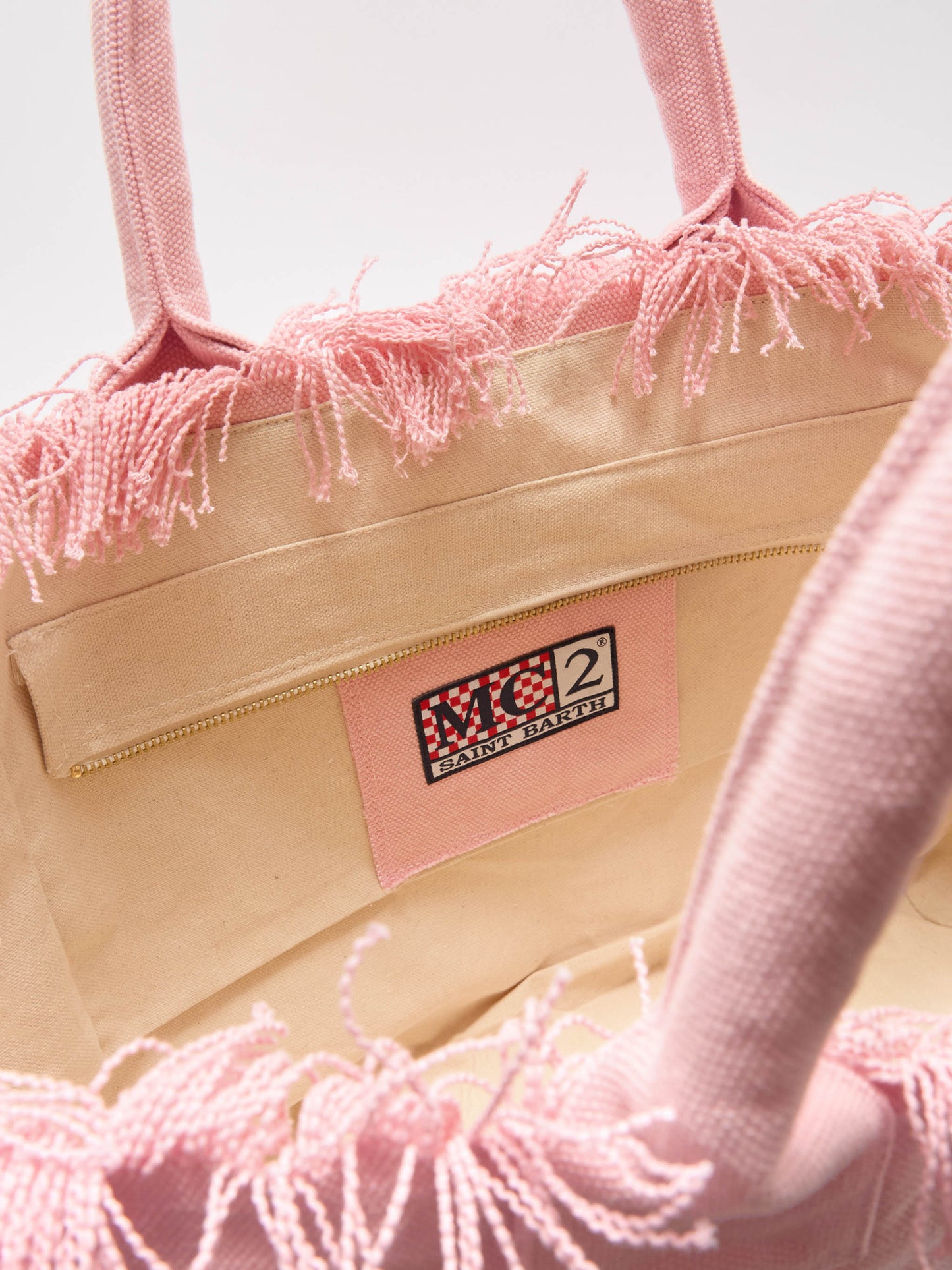 Trousse Vanity regular en toile rose avec franges