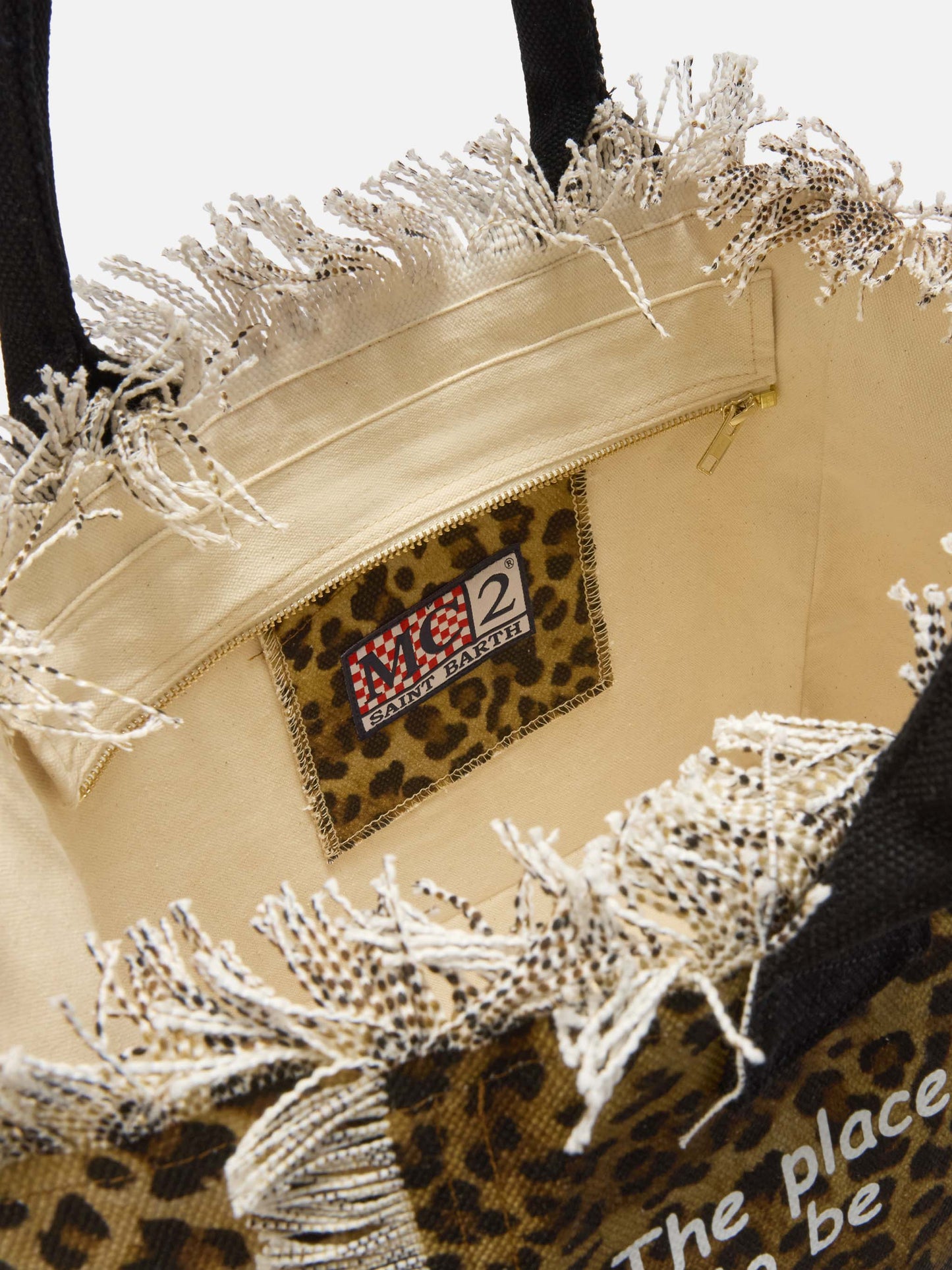Bolso Vanity regular de lona con estampado de leopardo y detalles de flecos