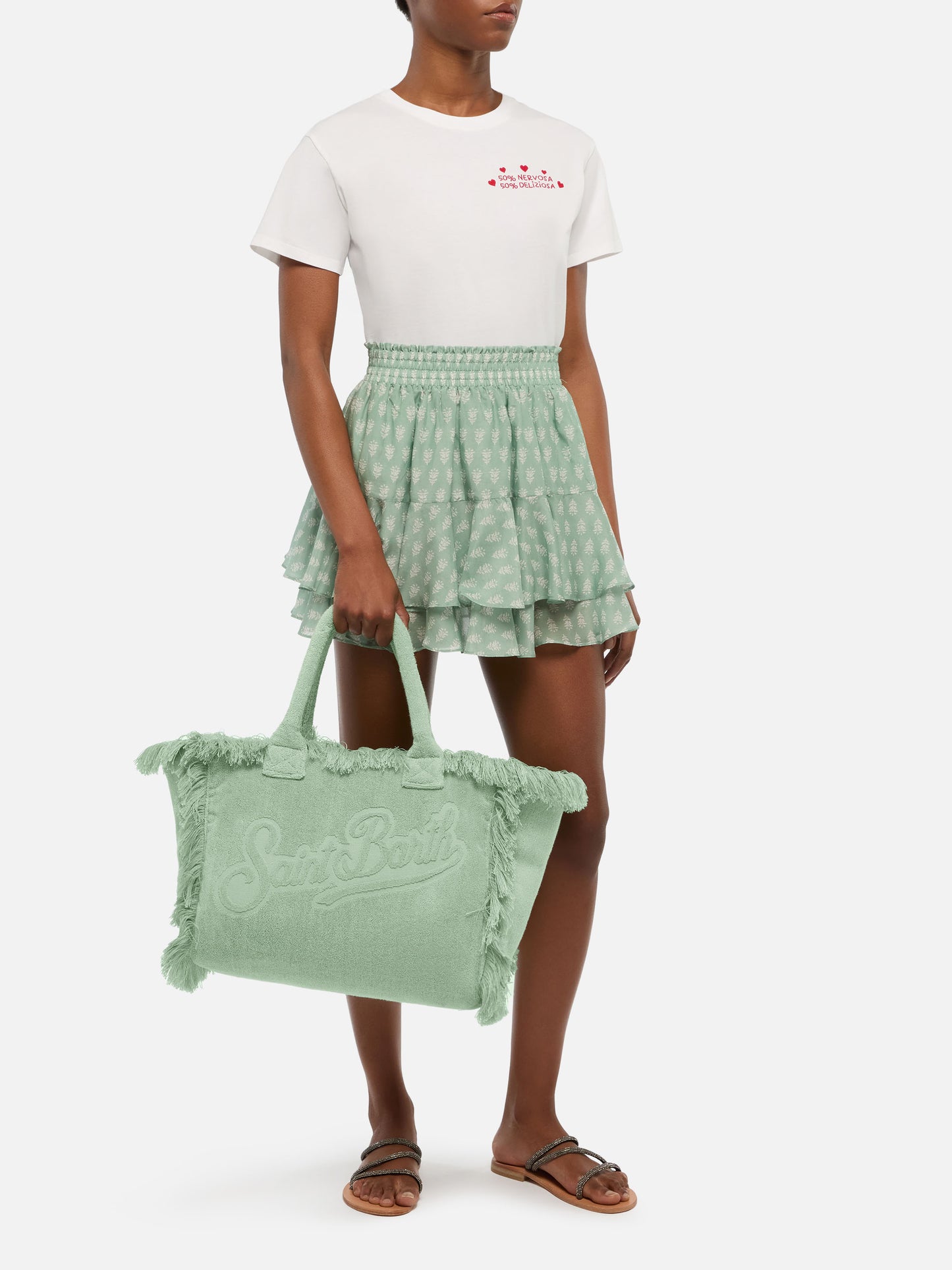 Vanity Terry sage green tote bag with embossed logo