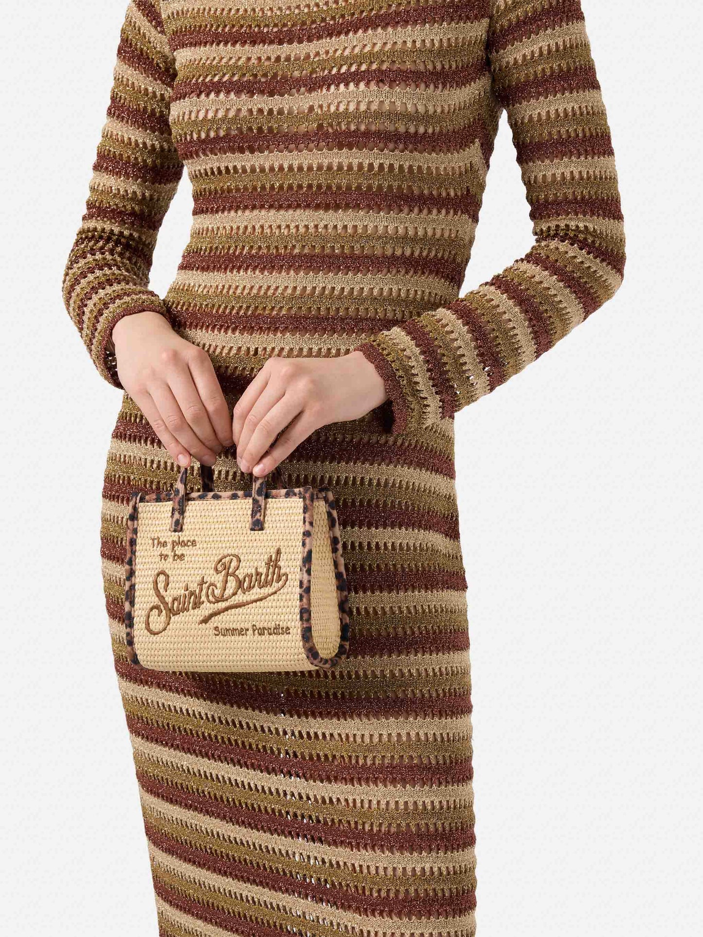 Borsa Vivian mini in tessuto effetto paglia con profili leopardati