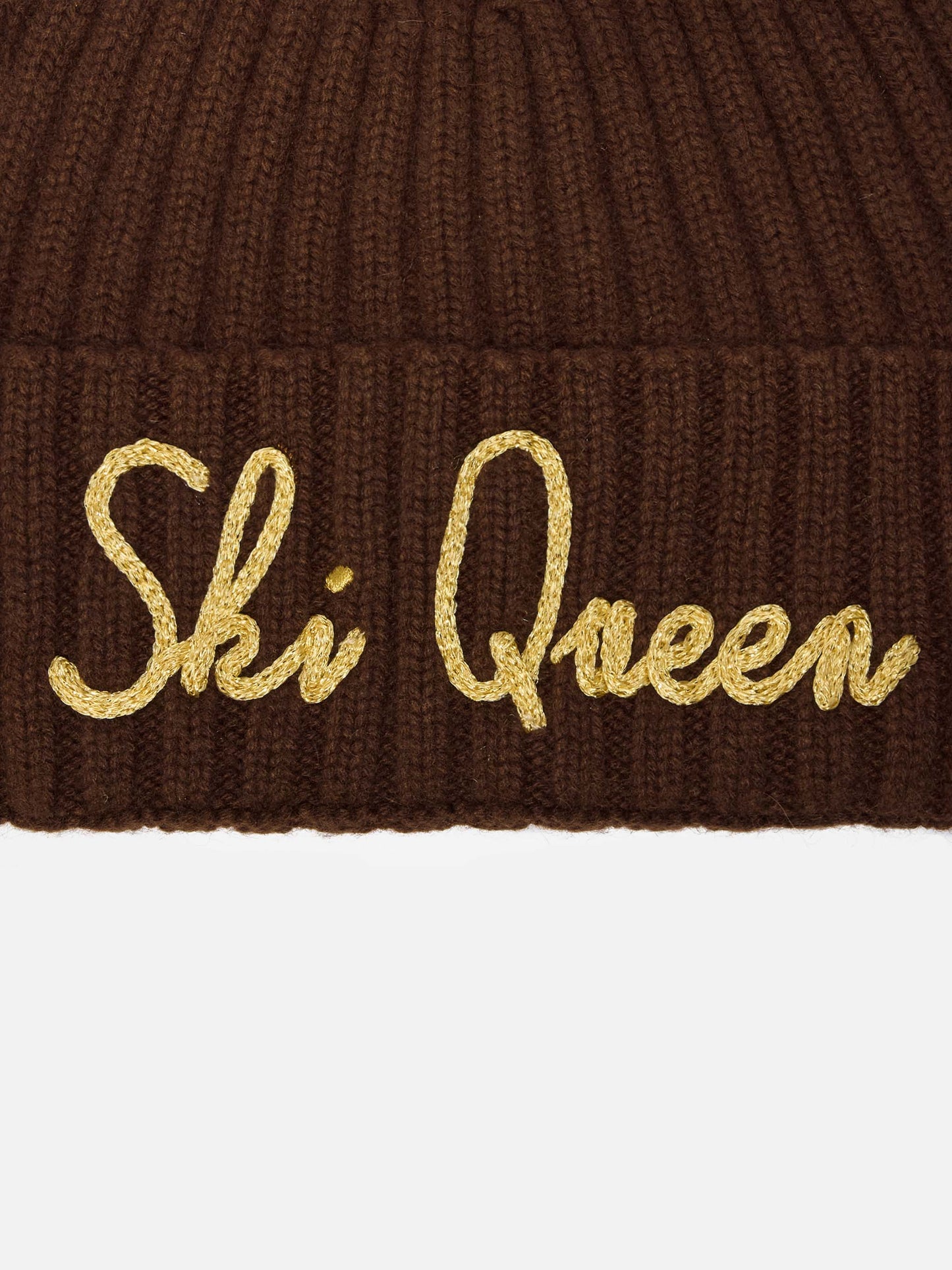 Cashmere blend Wengen beanie in brown with lurex Ski Queen embroidery