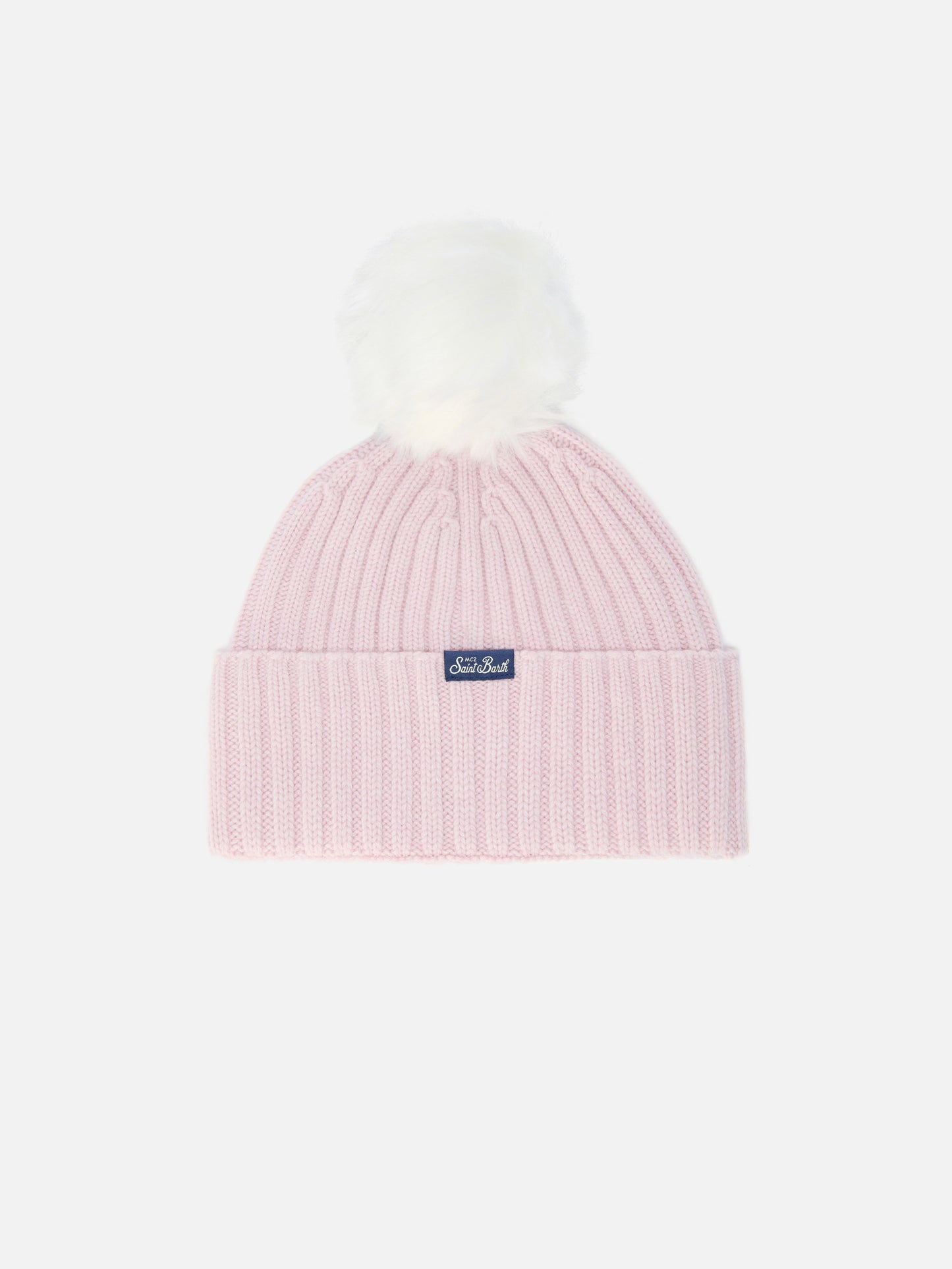 Bonnet Wengen en mélange de cachemire avec broderie rose « Too Cool » et pompon