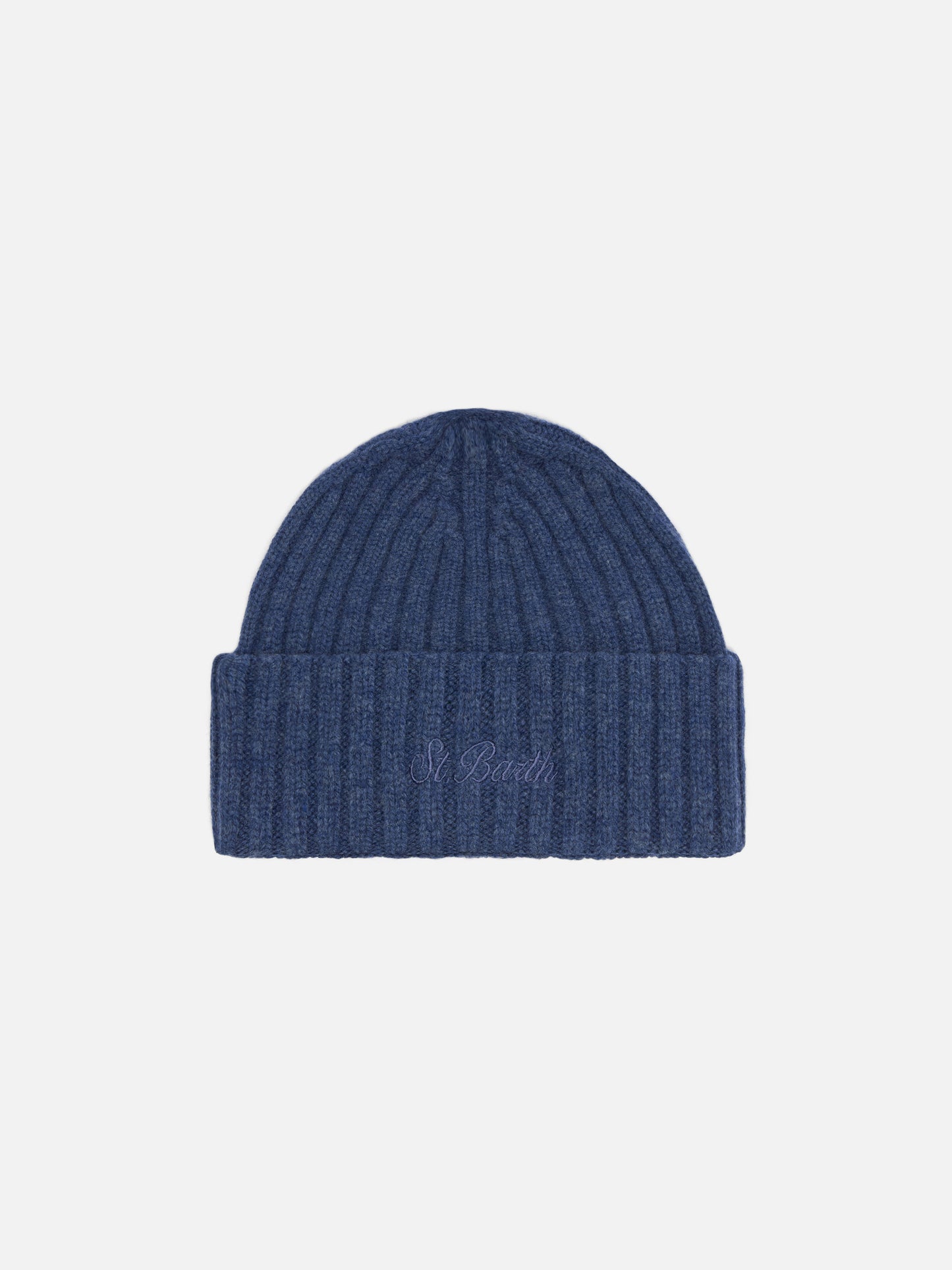 Berretto Wengen in blu denim con ricamo St. Barth sul risvolto