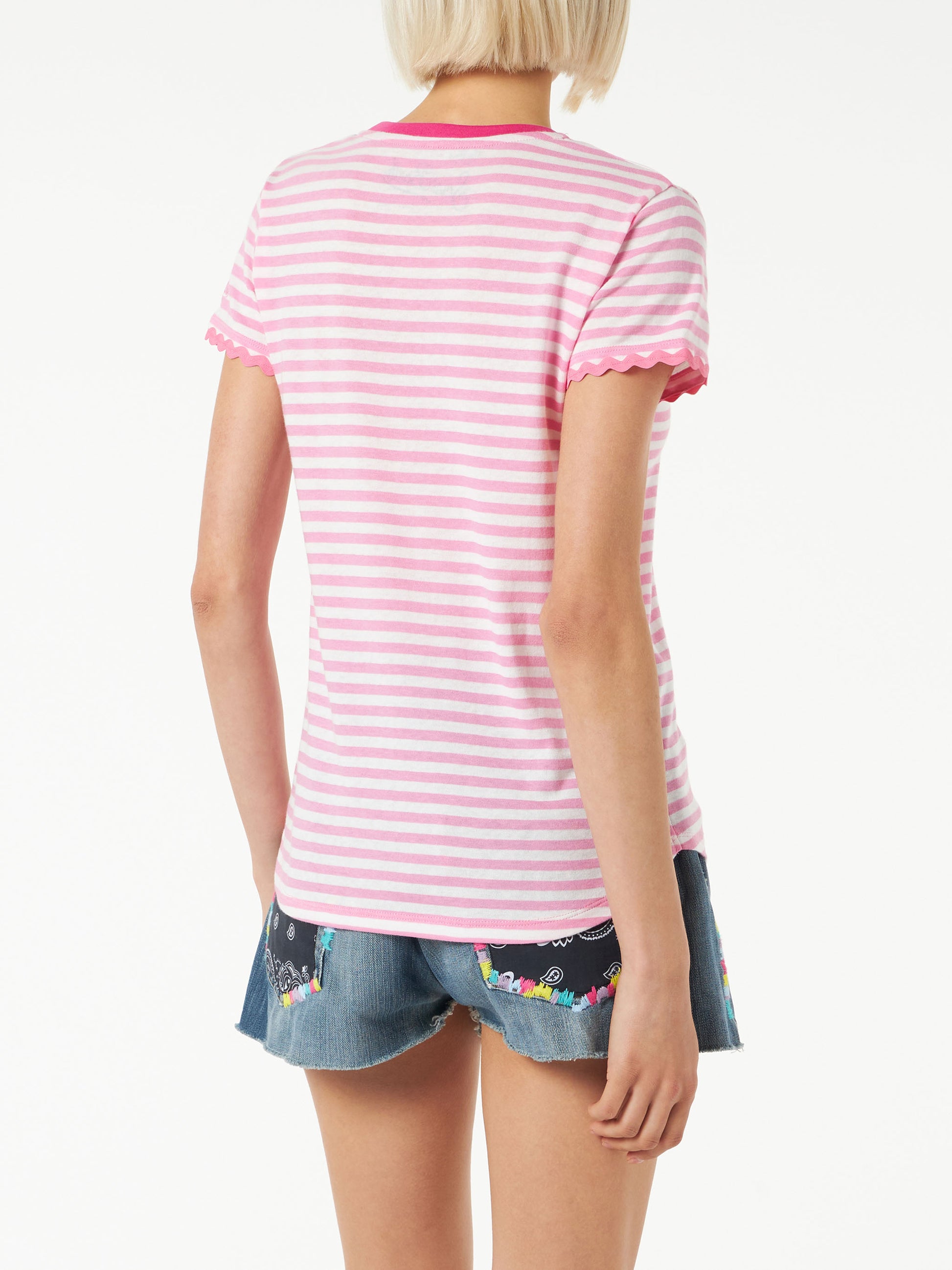 Fucsia striped cotton t-shirt with St. Barth embroidery - MC2 Saint Barth
