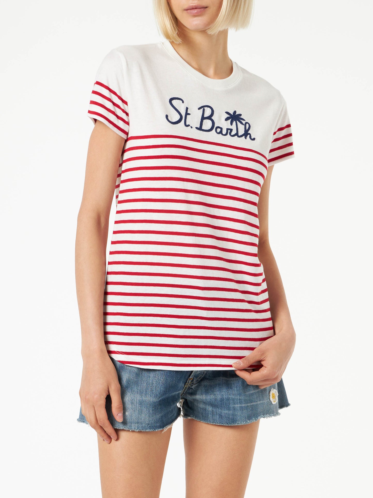 Red striped cotton t-shirt with St. Barth embroidery - MC2 Saint Barth