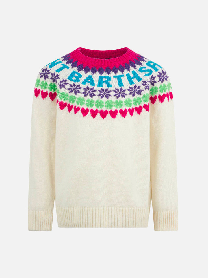 Girl crewneck white sweater with fair isle jacquard - MC2 Saint Barth