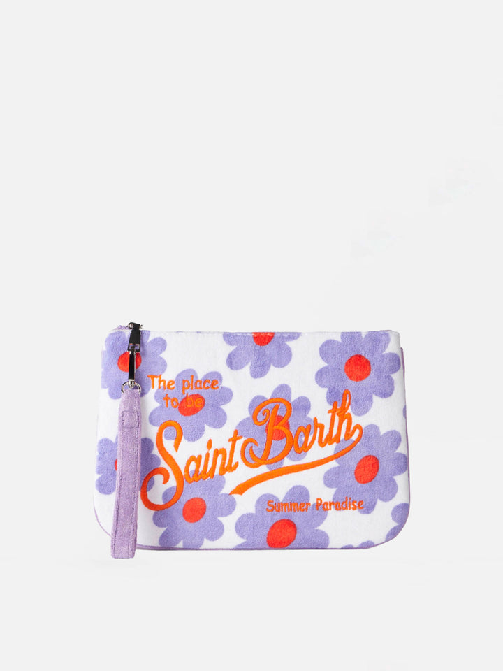 Pouch in spugna Parisienne con stampa margherite viola e arancio