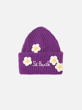Woman brushed and ultra soft beanie with daisies appliqués - MC2 Saint Barth