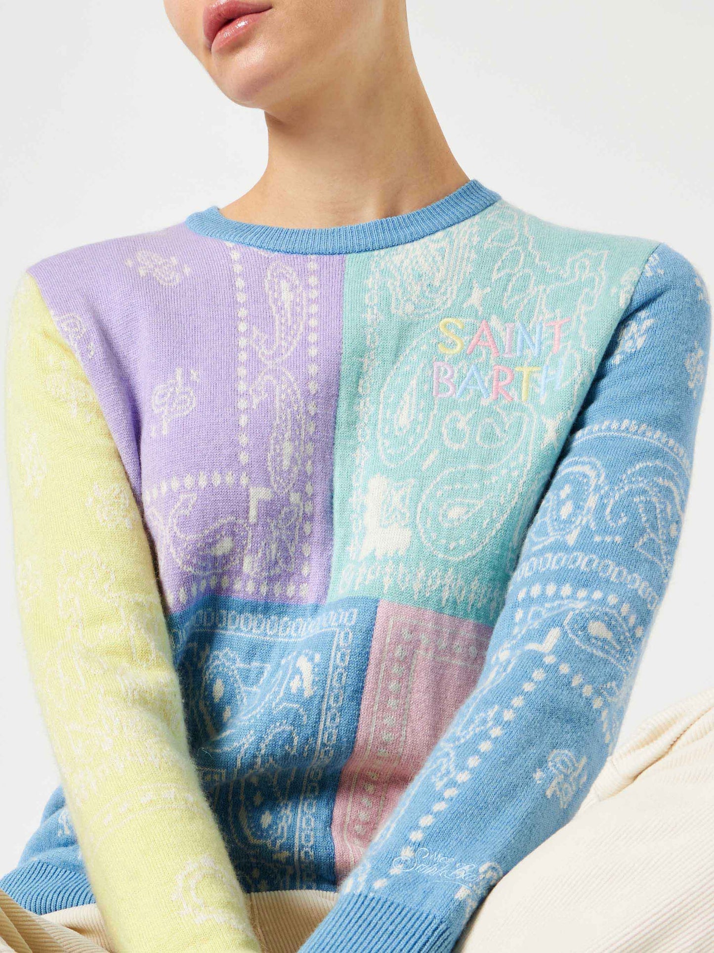 Woman brushed sweater with bandanna print - MC2 Saint Barth