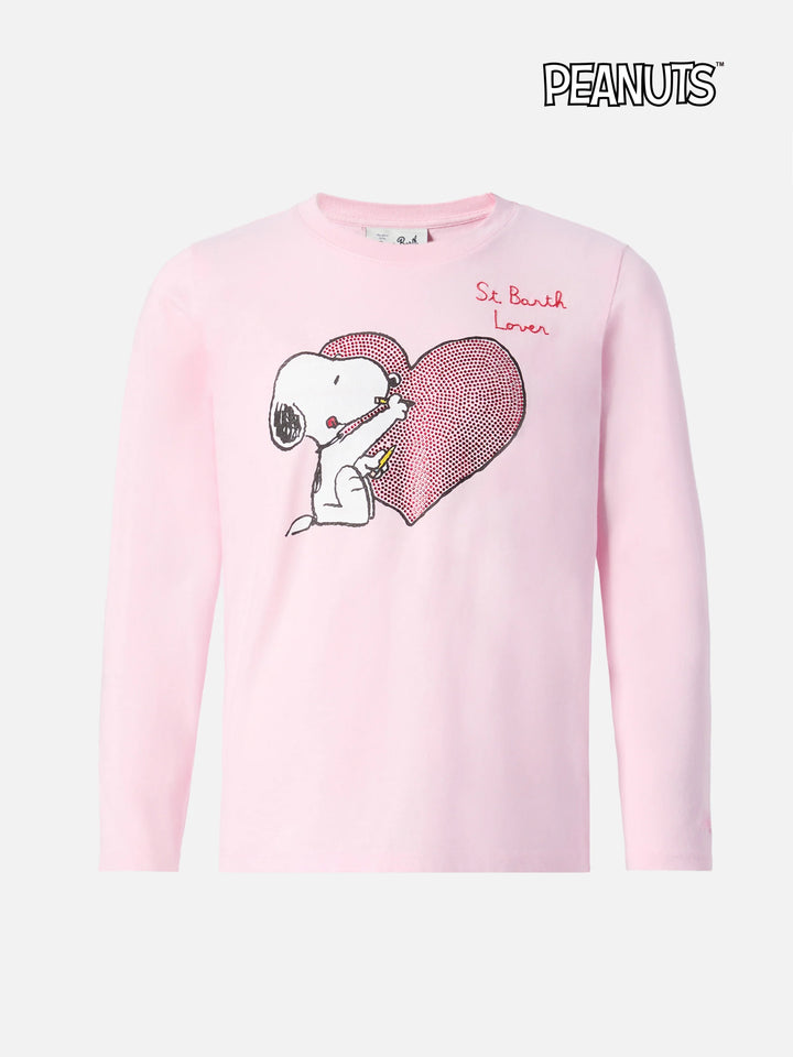 Penny Langarm-T-Shirt aus Baumwolle in Rosa mit Snoopy-Print und Strassapplikationen | PEANUTS SONDEREDITION