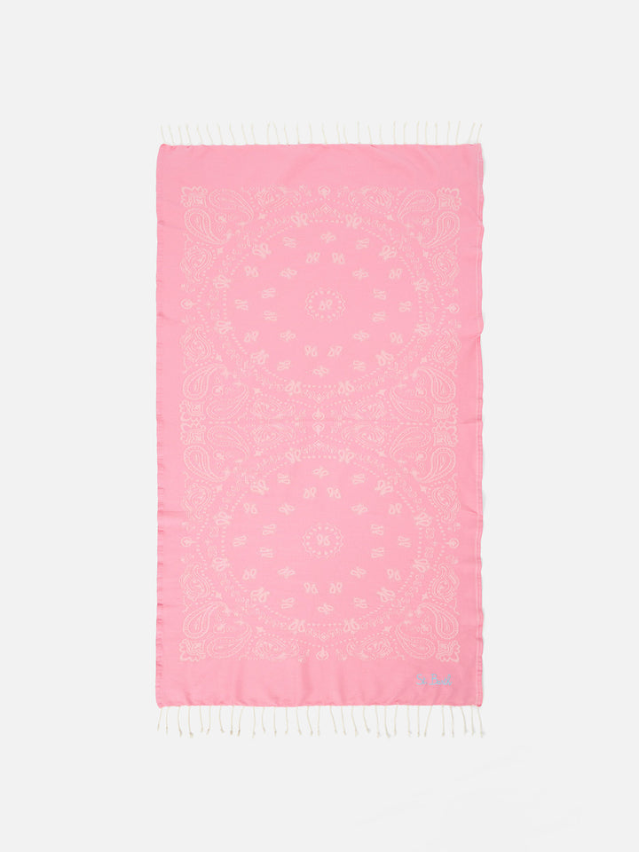 Telo mare Foutas in cotone jacquard con fantasia bandana rosa