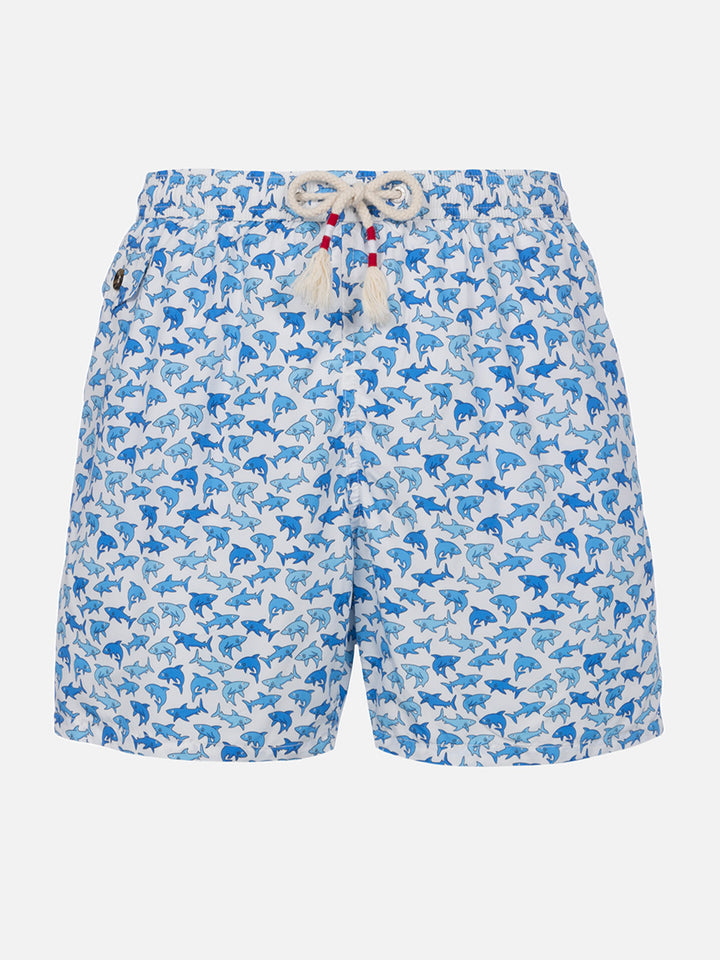 Man lightweight fabric swim-shorts Lighting 70 with sharks print - MC2 Saint Barth