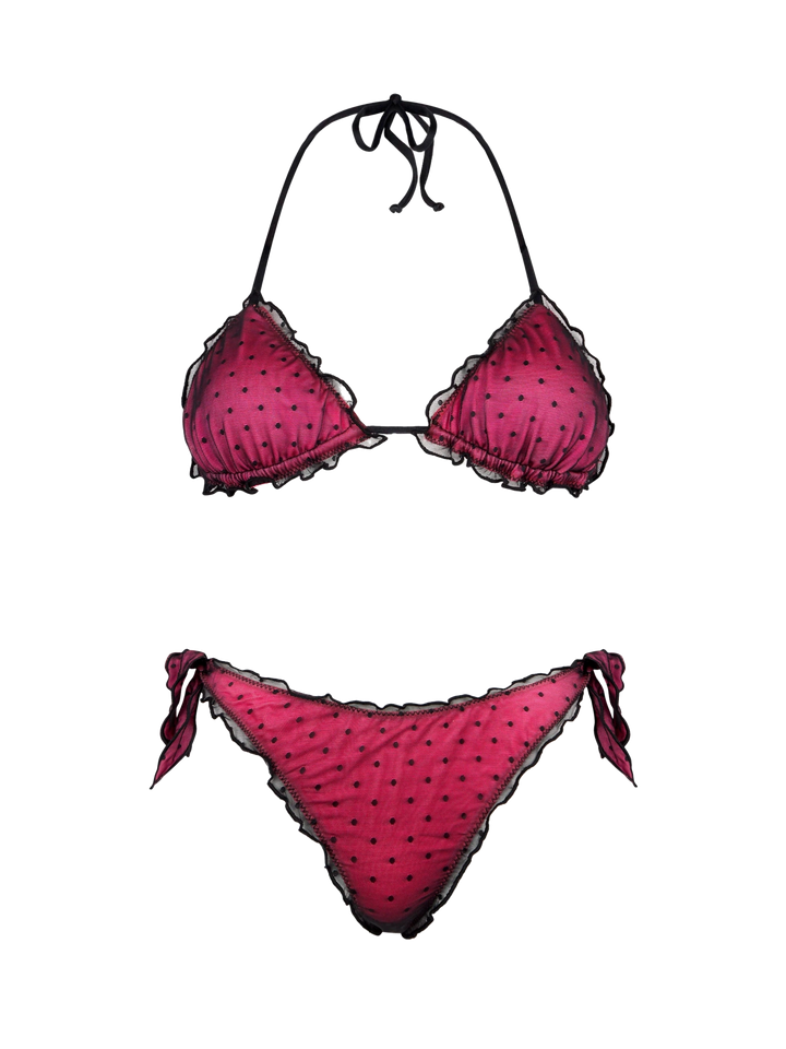 Shiny fucsia bikini with black polka dot tulle - MC2 Saint Barth