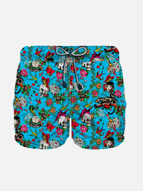 Tattoo print light fabric boy swim shorts - MC2 Saint Barth