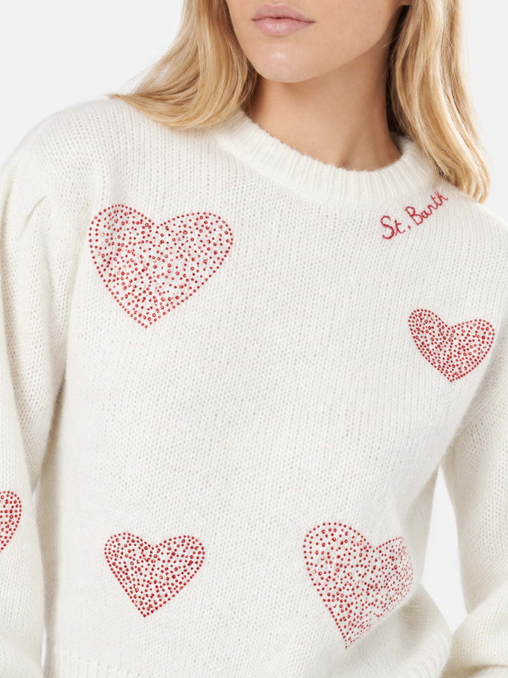 Jersey Bloom Soft blanco con acabado cepillado y corazones de strass rojos 