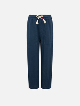 Boy navy blue linen Calais Jr pants with drawstring - MC2 Saint Barth