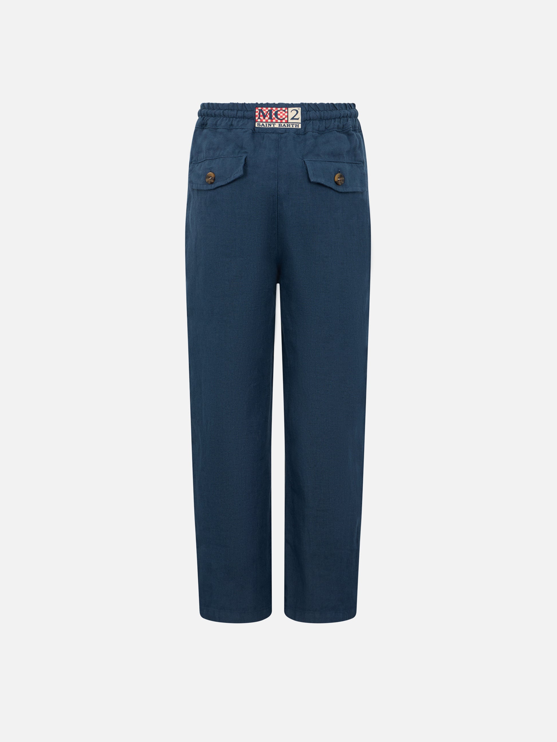 Boy navy blue linen Calais Jr pants with drawstring - MC2 Saint Barth